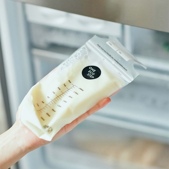 One Eco Step OxoBiodegradable Breast Milk Storage Bags Lifestyle Freezer Closeup Tell Me Baby